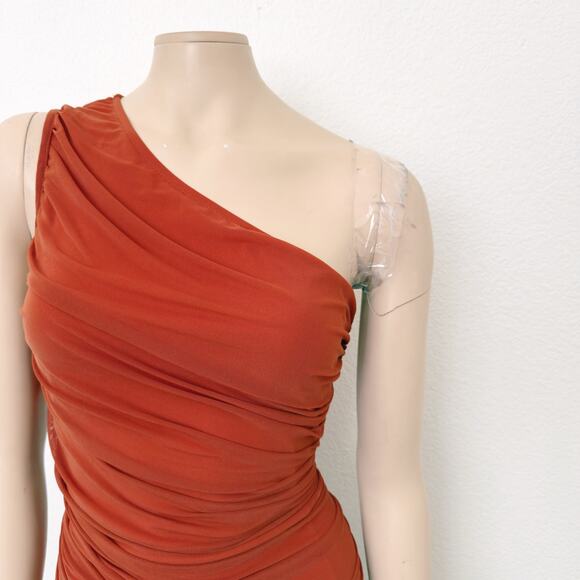 [PrettyGarden] Rust Red Ruched One Shoulder Mesh Bodycon Dress NWT Size Large L - Picture 8 of 12